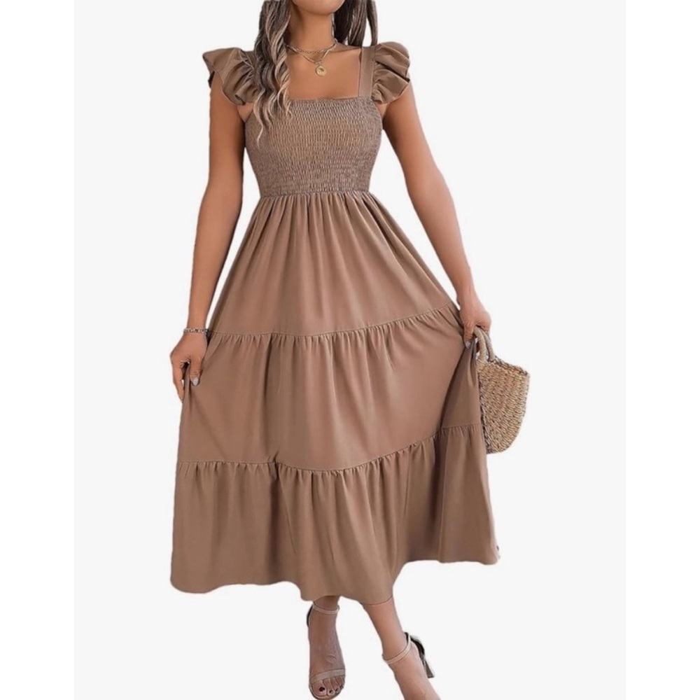 Square Neck Brown Sleeveless Summer Midi Tiered Dress, Size Small
